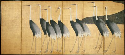 Tela de seis painéis representando guindastes, período Edo (tinta, cor, ouro e prata sobre papel) de Ogata Korin